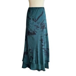 Vintage Hand Painted Silk Maxi Skirt Teal Tie Dye Boho Beachy XL Flowy Artsy